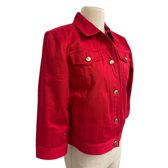Chaps Red Denim Jacket Womens PM Gold Button Details Cotton Made In Indonesia - Picture 2 of 13
